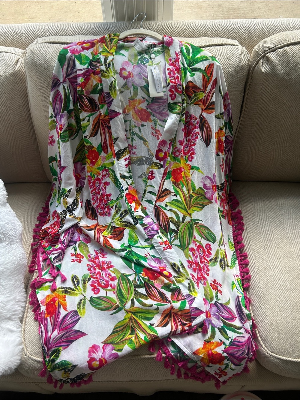 Trina Turk Floral kimono wrap with Pink Trim - White Multi